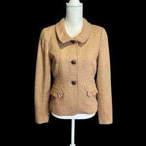 J. Crew Tan Wool-Blend Leather Button Jacket with Ruffled Trim Pockets Size 6